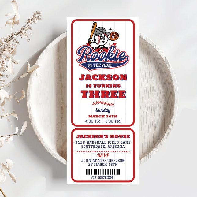 Rookie Of The Year Baseball Ticket 3rd Birthday Invitation (Creator Uploaded)