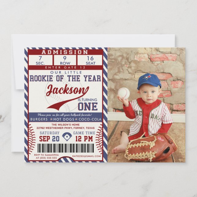 Rookie of the Year Birthday Baseball Ticket Photo Invitation (Front)