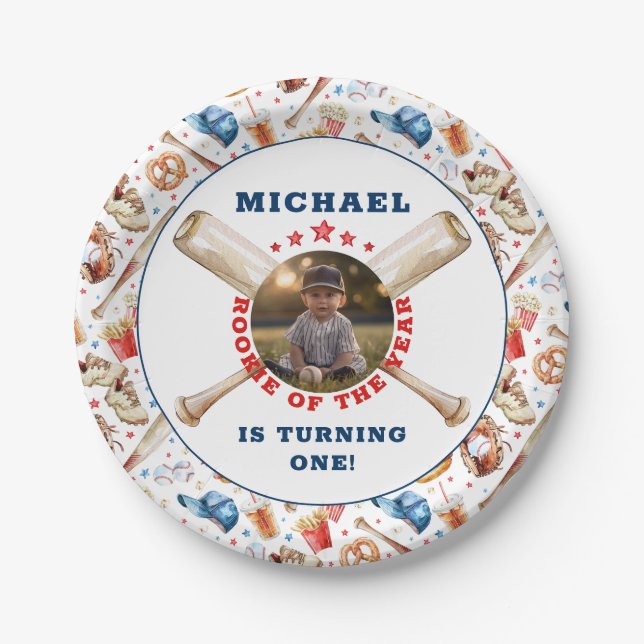Rookie of the Year Watercolor Baseball Birthday  Paper Plate (Front)