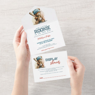 Rookie On The Way Teddy Bear Display Baby Shower All In One Invitation