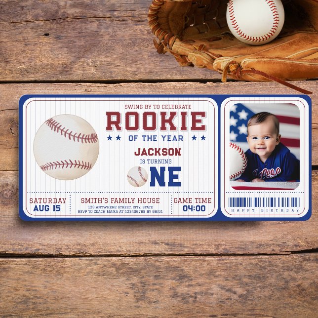 Rookie Year 1st Birthday Baseball Ticket PHOTO Invitation (Creator Uploaded)