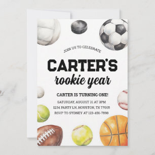 Rookie Year Sports 1st Birthday Invitation