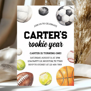 Rookie Year Sports 1st Birthday Invitation