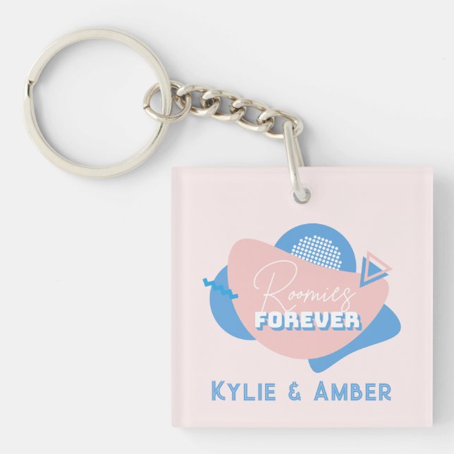 Roommate Gift Custom Name "Roomies Forever" Retro Key Ring (Front)