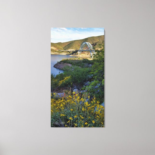 Roosevelt Lake Bridge Arizona Yellow Wildflowers Canvas Print (Front)