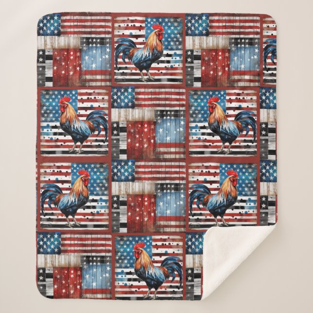 Rooster American Flag Folk art quilt Sherpa Blanket (Front)