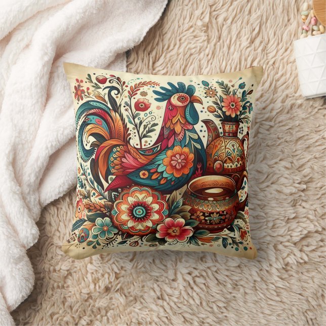 Rooster among bright flowers cushion (Blanket)