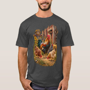 Rooster and Chickens Rustic Farm Barn Scene T-Shirt