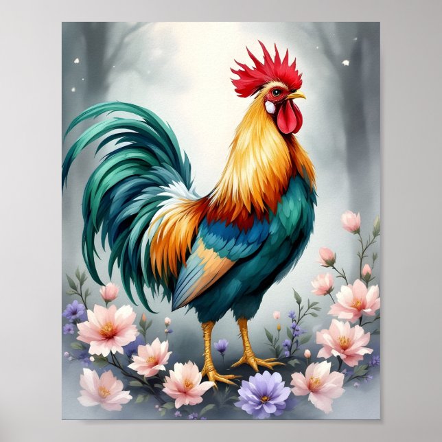 Rooster and flowers Digital Poster (Front)