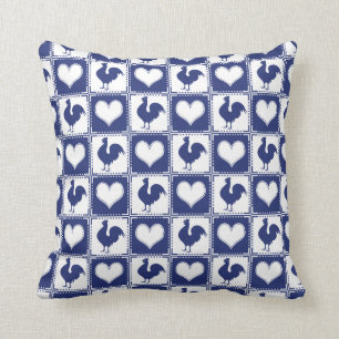 Rooster and Hearts Blue and White Farm Country Cushion