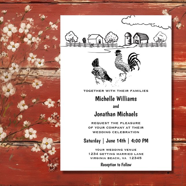 Rooster and Hen Chickens Charming Farm Wedding Invitation (Front - Rooster and Hen Chickens Charming Farm Wedding Invitation)