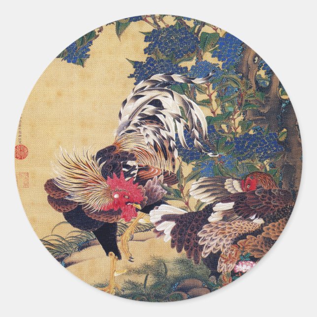 Rooster and Hen Classic Round Sticker (Front)