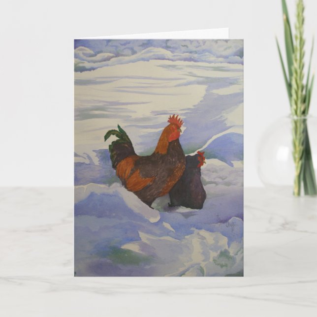 Rooster and Hen in the Snow Holiday Card (Front)
