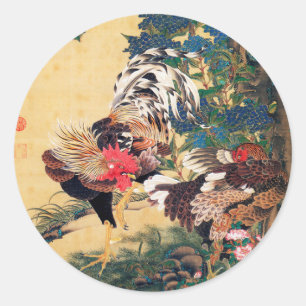 Rooster and Hen with Hydrangeas by Ito Jakuchu Classic Round Sticker