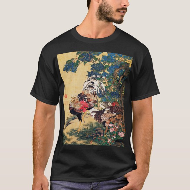 Rooster and Hen with Hydrangeas by Ito Jakuchu T-Shirt (Front)