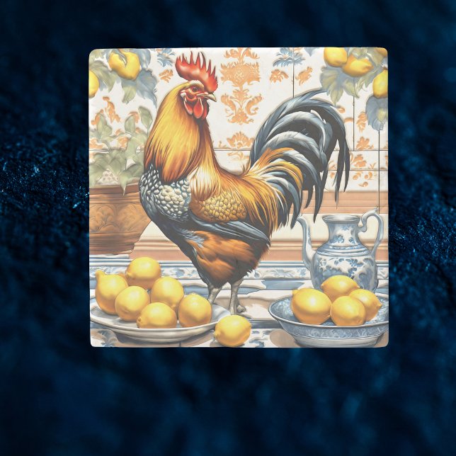 Rooster and Lemons Azulejo Style Blue Orange Cream Stone Coaster (Creator Uploaded)