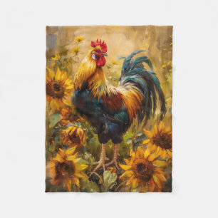 Rooster and Sunflowers Oil Painting Fleece Blanket