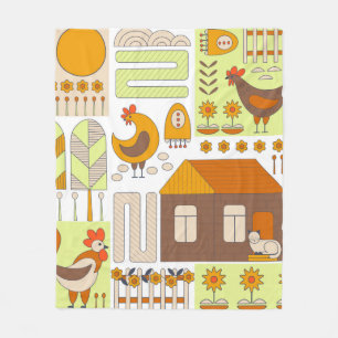 Rooster and two hens, eggs, flowers, house, drawin fleece blanket