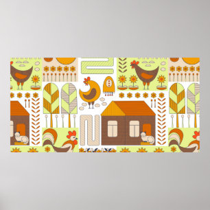 Rooster and two hens, eggs, flowers, house, drawin poster
