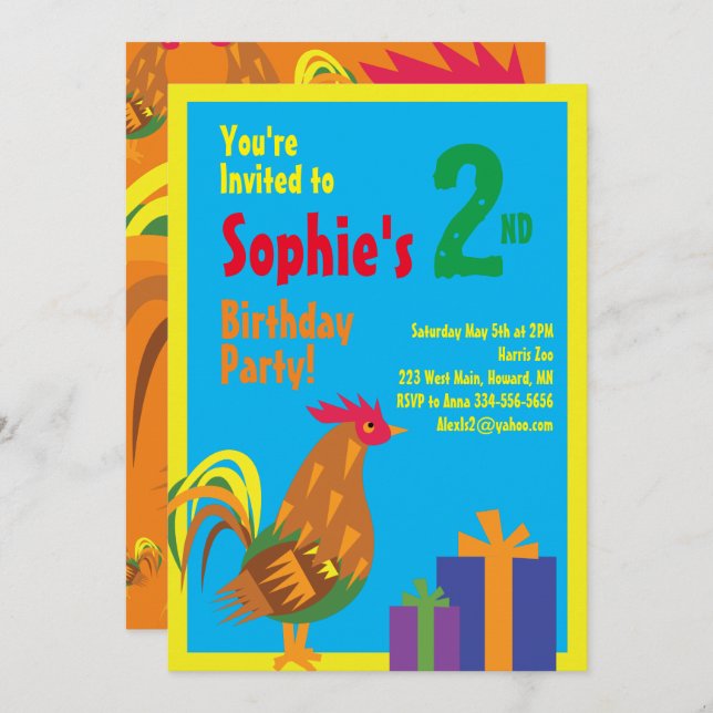 Rooster Animal Kid's Birthday Party Invitations (Front/Back)