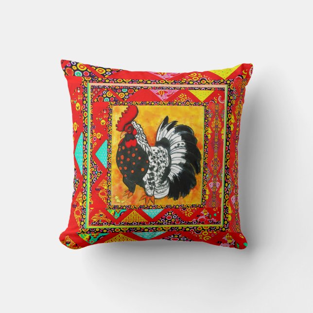 Rooster Art with Red Borders Cushion (Front)