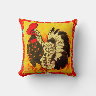 Rooster Art with Red Decorative Border Cushion