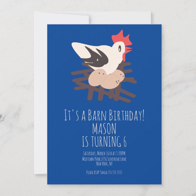 Rooster Barn Animals Farm Birthday Art Blue  Invitation (Front)