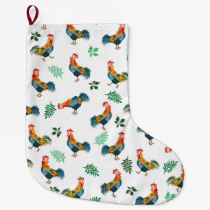Rooster birds pattern large christmas stocking