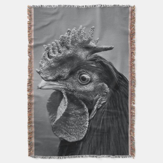 Rooster Black and White Throw Blanket (Front Vertical)