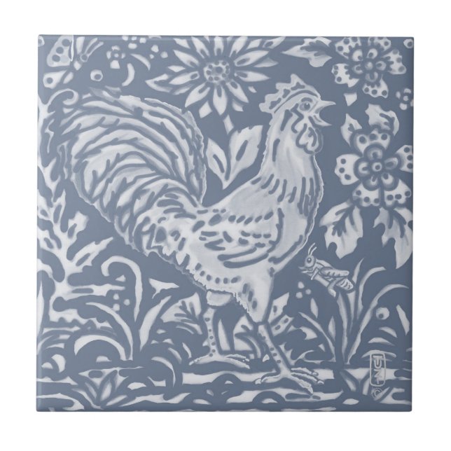 Rooster Blue White Botanical Delft Painting  Tile (Front)