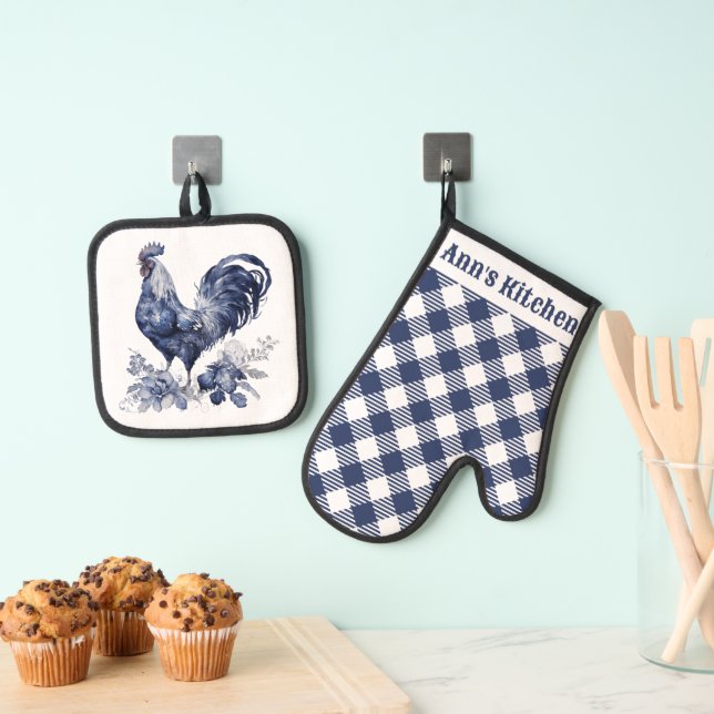 "Rooster" Blue Willow Style Custom Oven Mitt & Pot Holder Set (Insitu(Hanging))