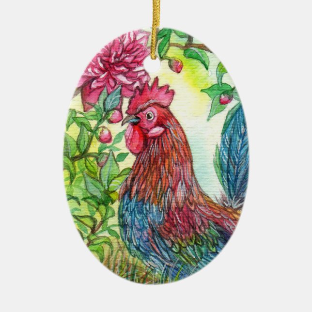 Rooster By Peony Ceramic Tree Decoration (Front)