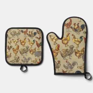 Rooster Chicken Farm Country Animal Oven Mitt & Pot Holder Set