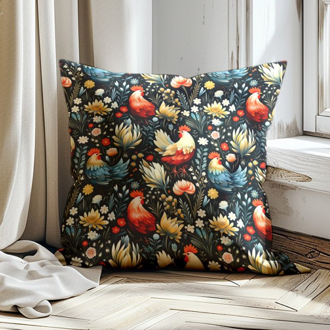 Rooster Chicken Farmhouse Navy Blue Farm  Cushion (Red and blue rooster pattern on black decorator pillow)