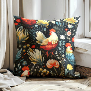 Rooster Chicken Flowers Black Farm  Cushion