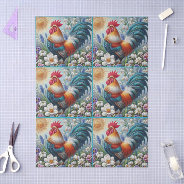 Rooster Chicken Flowers Sun Decoupage  Tissue Paper (Craft)