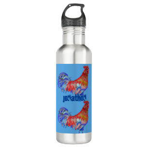 Rooster Chicken Red Blue watercolor art Boys 710 M Ml Water Bottle