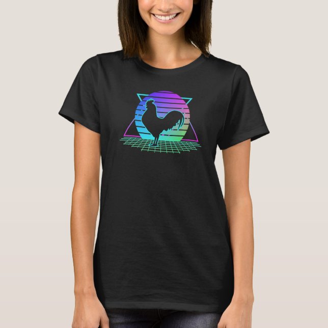 Rooster Chicken Retro 80s Style Sunset  Farmer Gra T-Shirt (Front)