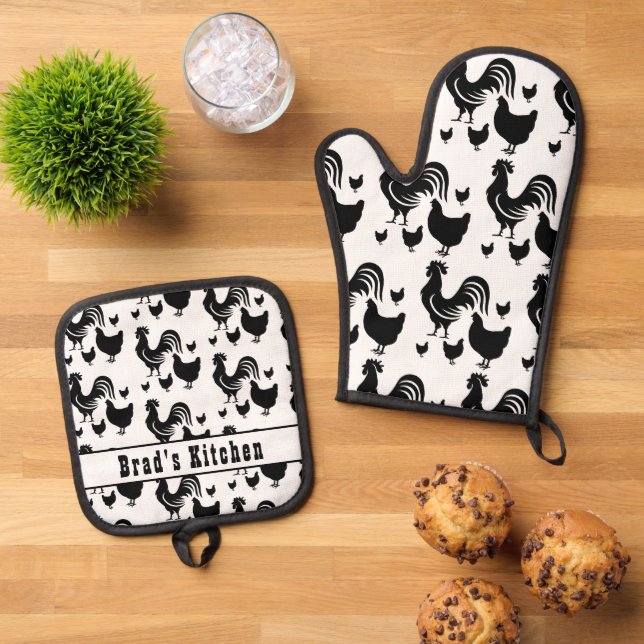 Rooster Chickens Personalised Name Oven Mitt & Pot Holder Set (Top Down)