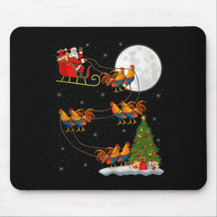 Rooster Chickens Santa Sleigh Flying Funny Magical Mouse Pad