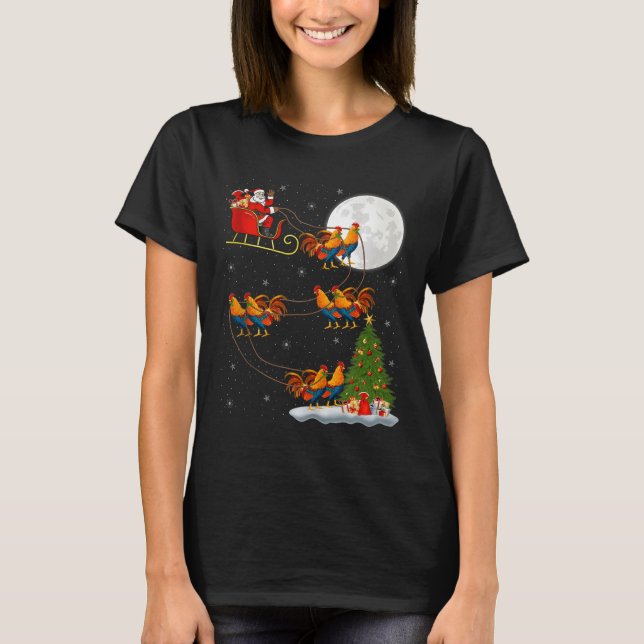 Rooster Chickens Santa Sleigh Flying Funny Magical T-Shirt (Front)