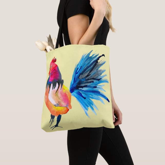 Rooster colourful watercolor illustration tote bag (Close Up)