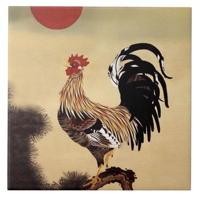 Rooster Crowing by Ito Jakuchu Tile (Front)