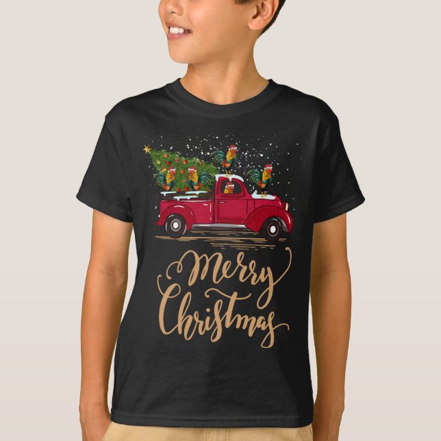 Rooster Driving Christmas Tree Red Truck Rooster X T-Shirt (Front)