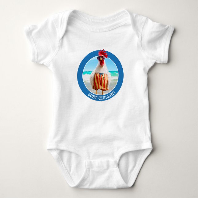 Rooster Dude Chillin' at Beach in Swim Trunks Baby Bodysuit (Front)