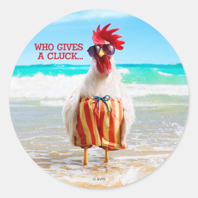 Rooster Dude Chillin' at Beach in Swim Trunks Classic Round Sticker (Front)