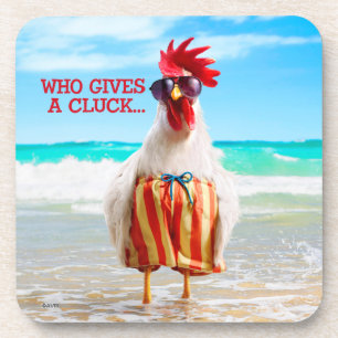 Rooster Dude Chillin' at Beach in Swim Trunks Coaster