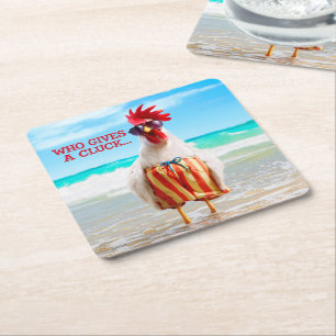 Rooster Dude Chillin' at Beach in Swim Trunks Square Paper Coaster