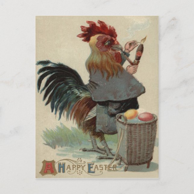 Rooster Easter Coloured Egg Pipe Cigar Holiday Postcard (Front)