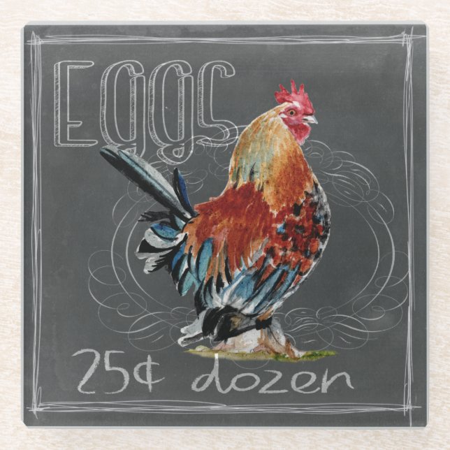 Rooster Eggs On Chalkboard Glass Coaster (Front)